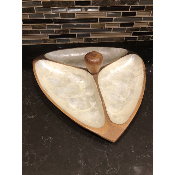 Vintage Acacia Wood & Capiz Shell 3 Compartment Section Serving Bowl Tray 12" - Picture 4 of 5